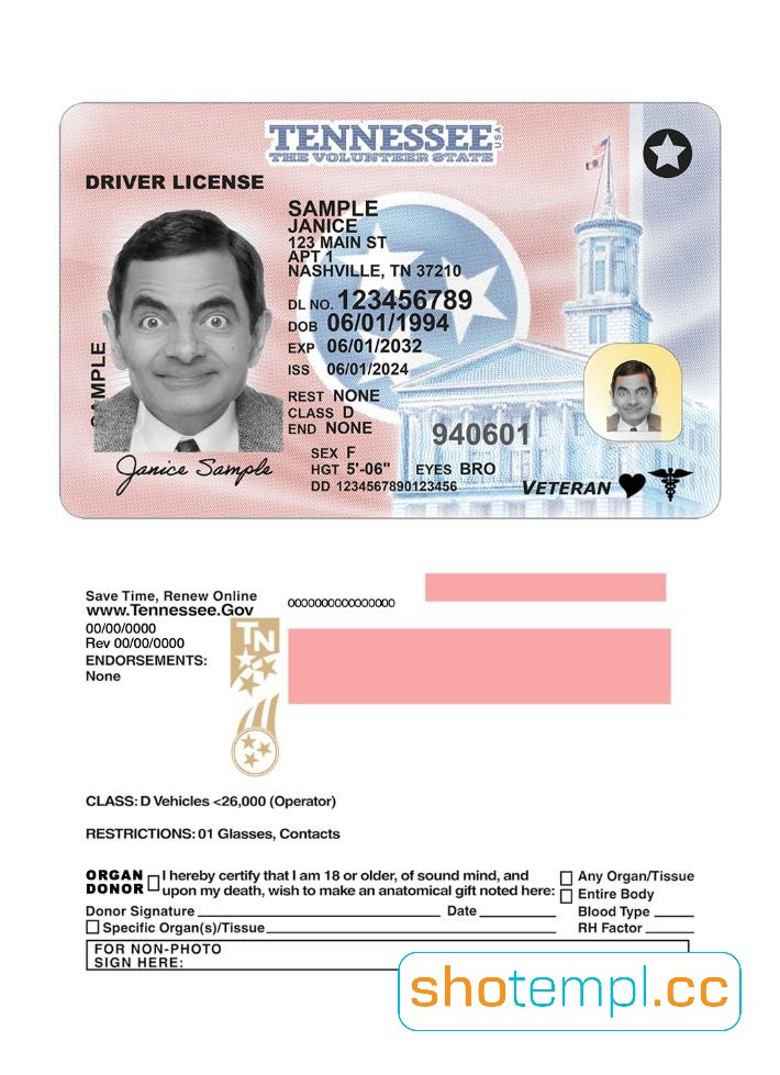 Tennessee Driver License PSD Template V2